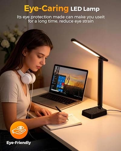 Airlonv LED Desk Lamp for Office Home, Power Strip with 3 Outlets 4 USB Charging Ports(2 USBC), 4 Modes 5 Level Brightness Desk Light, Small Desk Lamp for College Dorm Room Essentials thumbnail 6