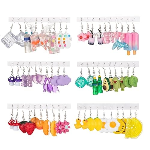 30 Pairs Weird Cute Funny Fun Dangle (or Clip on) Earrings set for Women Unique Bear Duck Mushroom Fruit Flowers Food Animal Drop Dangle Aesthetic Earrings Gifts for Women - dangle