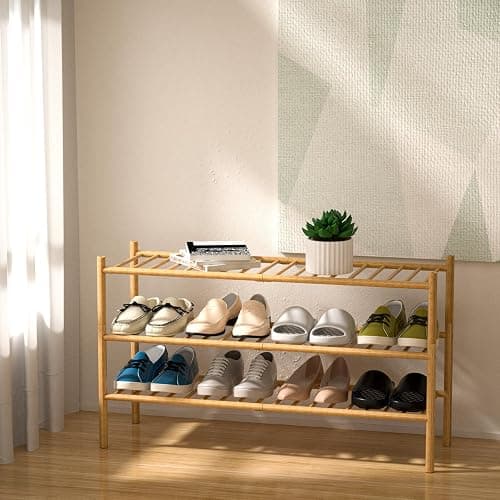 ROMGUAR CRAFT 3-Tier Bamboo Long Shoe Rack, Free Standing Wood Shoe Shelf Storage Organizer for Closet Entryway Stackable 35"x11"x20" (Natural) thumbnail 2