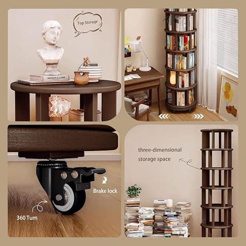 6-Tier Rotating Bookshelf Tower, 360° Solid Wood Rotating Bookcase with Wheels, Vertical-Movement Corner Bookshelves, Spinning Bookshelf for Small Spaces, Bedrooms, Offices, and Kids Room (Walnut) thumbnail 3