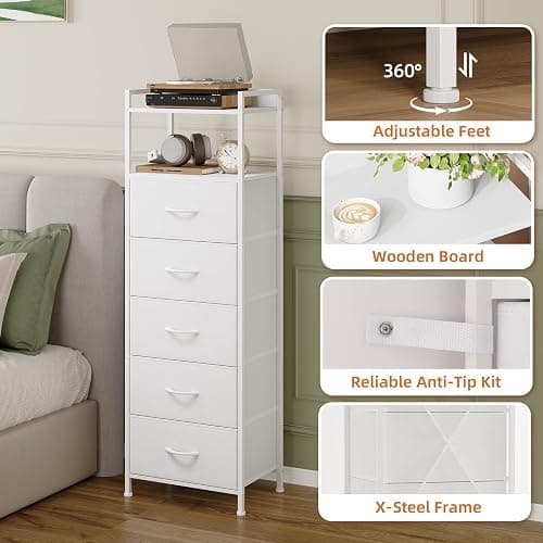 Somdot White Tall Night Stand for Bedroom,Tall 5 Drawers Dresser, Vertical Storage Tower Unit, Nightstand Furniture with Fabric Drawer Organizer in Bedside Kids Dorm Room Closet Laundry Entryway thumbnail 6