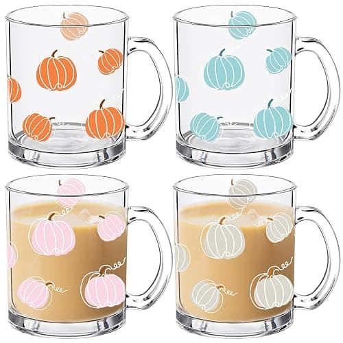 RimCereal 4 Pcs Fall Glass Coffee Mugs, 12oz Pumpkin Mug with Handle | Cute Pumpkin Coffee Cups Thanksgiving Autumn Harvest Fall Glass Cup for Drinking Beverage Tea Milk - Image 1