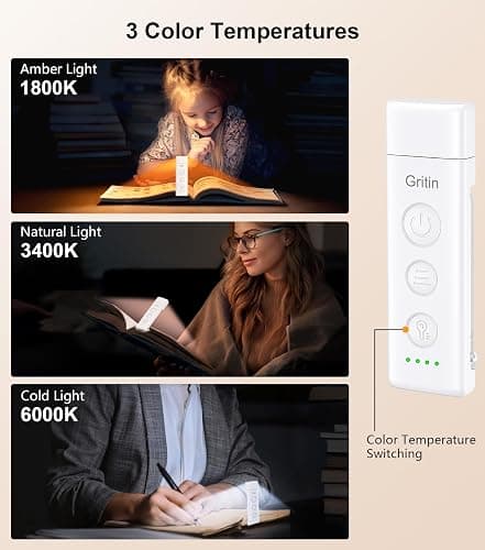Gritin Book Light Rechargeable, Clip on LED Reading Light for Books in Bed | Eye Caring 3-Color & 5-Brightness, Stepless Dimming, Long Lasting, Compact Size Flexible Book Lamp for Bookworms thumbnail 3