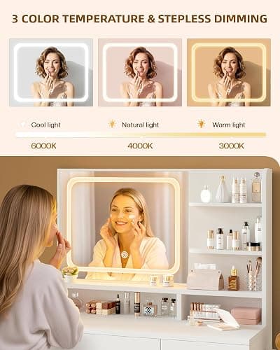 LIVELYGLOW Makeup Vanity Desk with Smart LED Mirror & Charging Station, 35.4" White Vanity Table Set with Cushioned Stool, 4 Drawers & Hairdryer Rack, Modern Bedroom Dressing Table-White thumbnail 3
