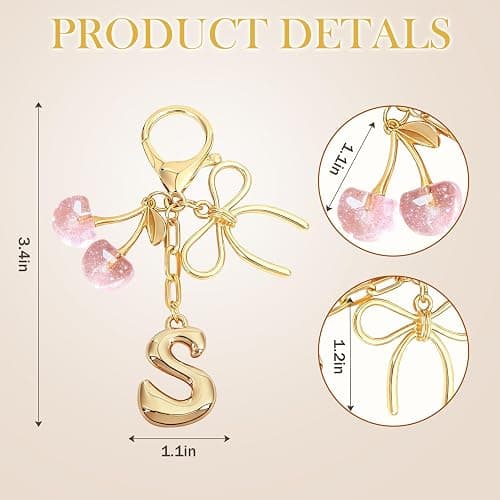 Snycler Bubble Initial Keychain with Bow & Cherry - Gold Letter Bag Charms for Women, Cute Purse Handbag Accessories thumbnail 2