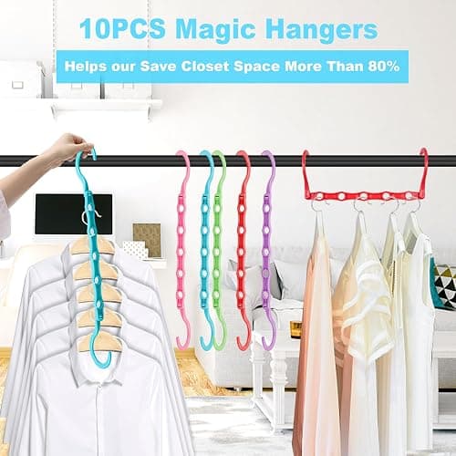 DUCOO 10 PCS Space Saving Hangers, 5-Hole Magic Hangers - Sturdy Plastic Hanger, Closet Organizers for Clothes Storage, College Dorm Essentials, Home Organization (Color) - Multicolor thumbnail 3