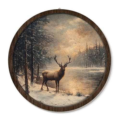 VONTP Vintage Moody Farmhouse Deer Wall Art Decor, Rustic Winter Forest Deer Landscape Wooden Wall Hanging Decor for Home Bedroom Living Room Cabin, 9.8x9.8 Inch - Image 1