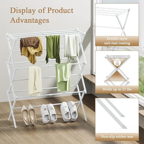 STARLATTA Foldable Drying Rack Clothing, 3-Tier Portable Clothes Drying Racks for Indoor & Outdoor, Anti-Rust Compact Laundry Rack Collapsible, White 28" D x 10" W x 35" H thumbnail 4