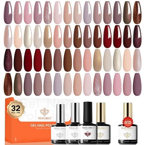 Modelones 32 PCS Gel Nail Polish Kit, 28 Colors Nude Brown Gel Polish with Glitter & Glossy & Matte Top Coat, 4 WEEKS+ Long-Lasting, Perfect for DIY Salon Home - Image 1