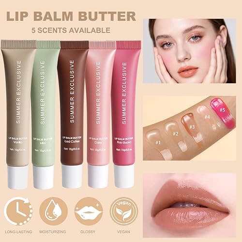5 Color Summer Exclusive Lip Balm Butter,Tinted Lip Balm,Nourishing Lip Gloss with Natural Ingredients for Women and Girls,Soothes & Softens Dry Lips,Lip Care Gift Set for Birthday Christmas. thumbnail 2