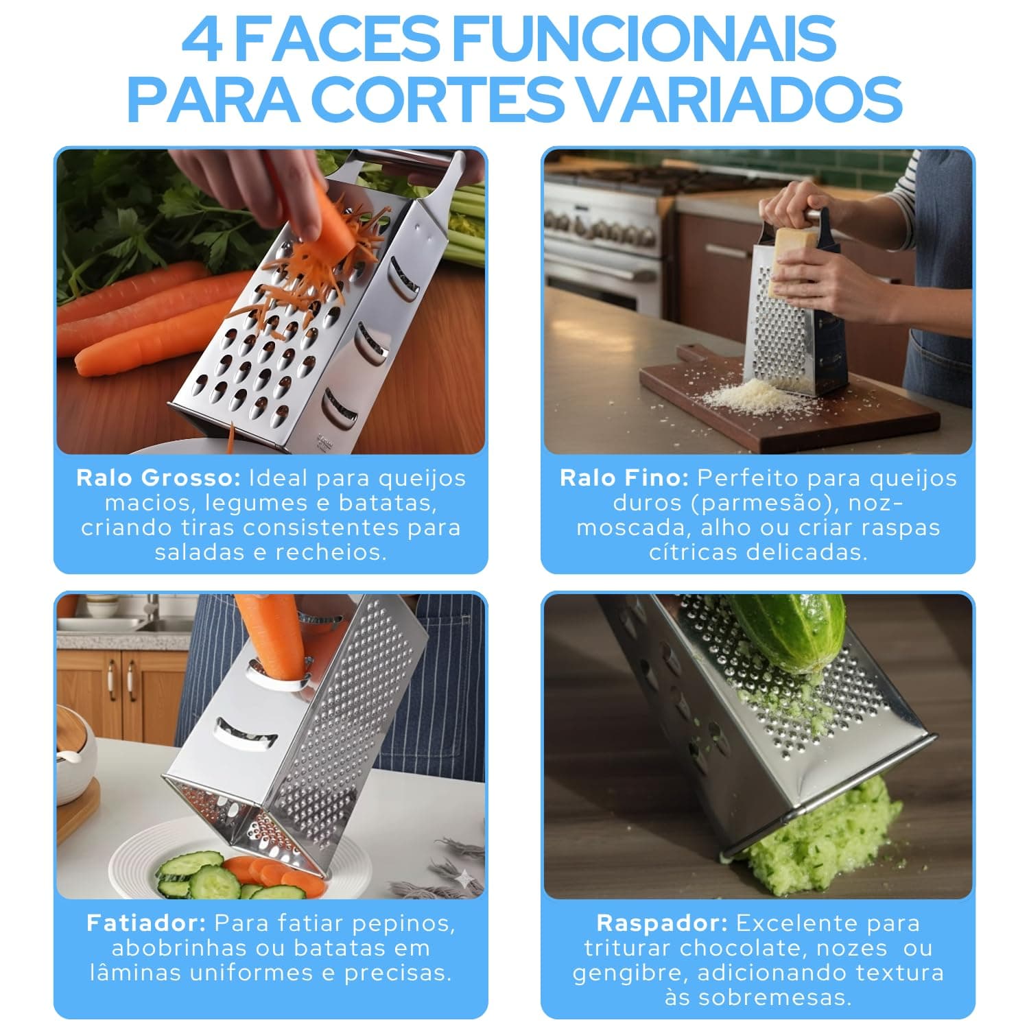 Ralador de Legumes Inox 4 Faces Multiuso – Rala Queijo, Alho, Noz Moscada, Verduras e Raspas de Limão – Utensílio de Cozinha Durável e Prático thumbnail 6