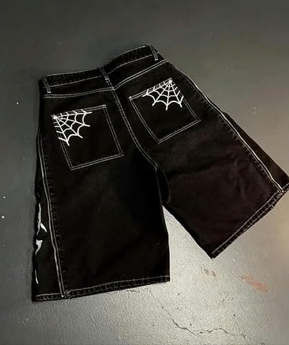 Wide-leg pants，Fashion clothes, Letter Print Baggy Denim Shorts Mens Vintage Zip Up Wide Leg Shorts Fashion Jorts Men Clothing thumbnail 6