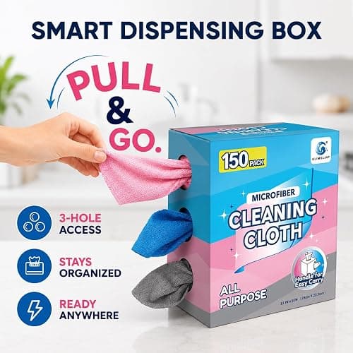 GLIMGLINT Microfiber Cleaning Cloth 150 Pack, Reusable Paper Towels 11 x 9 | Lint Free & Absorbent Cleaning Rags for Car, Home, Kitchen, Glass & Screen, Washable Shop Towel with Box, Pink/Blue/Grey thumbnail 7
