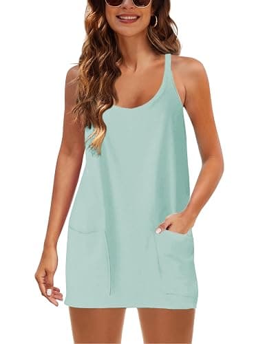 Lentta Womens Athletic Sleeveless Mini Dress with Built-in Shorts V Neck Spaghetti Strap Sundress - Medium - Mintgreen thumbnail 4