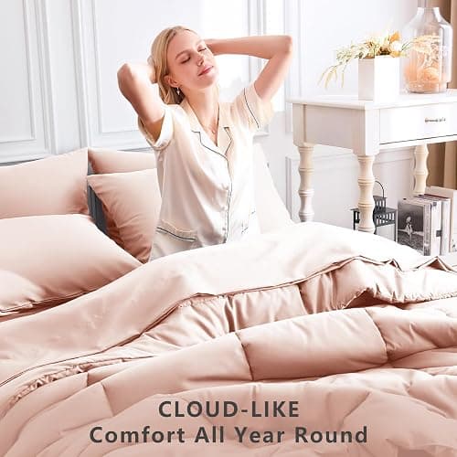 CozyLux Queen Comforter Set Blush Pink, 7 Pieces Bed in a Bag, Pink Comforters Queen Size, All Season Bedding Sets with Stitch Quilted Comforter, Flat Sheet, Fitted Sheet, Pillowcases thumbnail 4