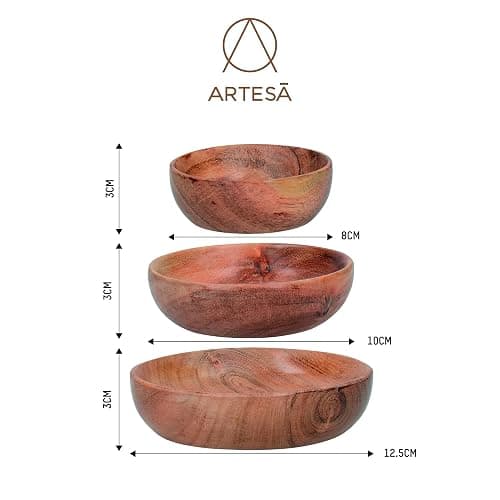 Artesà Saladiers en bois, Plats de service, Assiettes d'apéritif en bois d'acacia, 12.4cm (5« ), 10.2cm (4 »), et 8cm (3"), Lot de 3 thumbnail 3