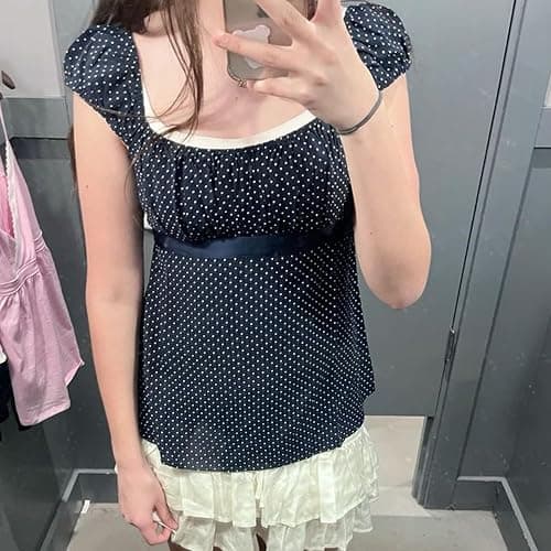 Women's Y2k Fairy Grunge Babydoll Coquette Shirt Short Sleeve Polka Dot Peplum Baby Tee Blouses Going Out Crop Tops thumbnail 3