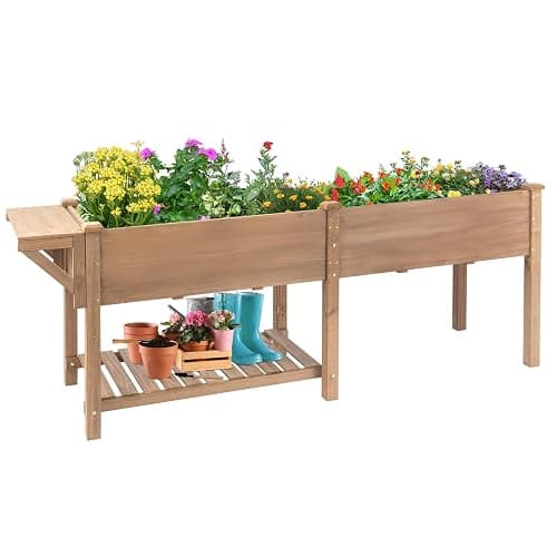 Raised Garden Bed Outdoor with Legs, 81"x 23" x 31" Elevated Wood Planter Box Stand for Backyard Patio, Garden Flower Beds with Liner Hooks Divider Panel Drainage Holes, Gift for Gardening, Brown - Image 1