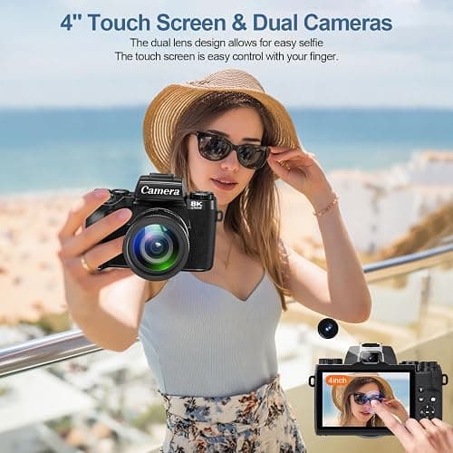 8K Digital Cameras for Photography, WiFi 64MP Vlogging Camera for YouTube, 4" Touch Screen Digital Camera with Dual Lens, Auto Focus, 16X Digital Zoom, 3000mAh Battery, 32GB Card, Black thumbnail 3