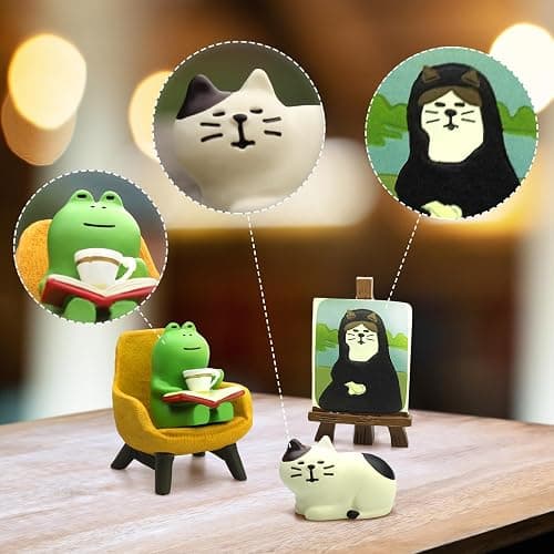 RAQWI Cute Frog Reading on Yellow Sofa Figurine with Cat Painting & Kitten Statue, Mini Resin Animal Set for Office Desk, Bookshelf Decor, Gift for Book & Cat Lovers thumbnail 3