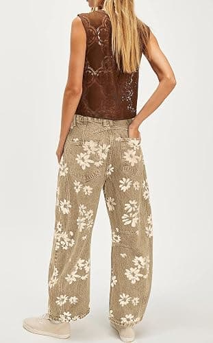 loveimgs Women Y2k Distressed Barrel Jeans Baggy Wide Leg Jeans Floral Printed Boyfriend Patchwork Denim Pants thumbnail 6