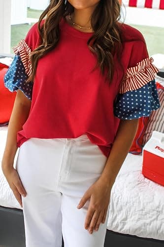 Women's Stars and Stripes Blouses Short Puff Sleeve Round Neck Colorblock Shirts Dressy Casual Tops thumbnail 2