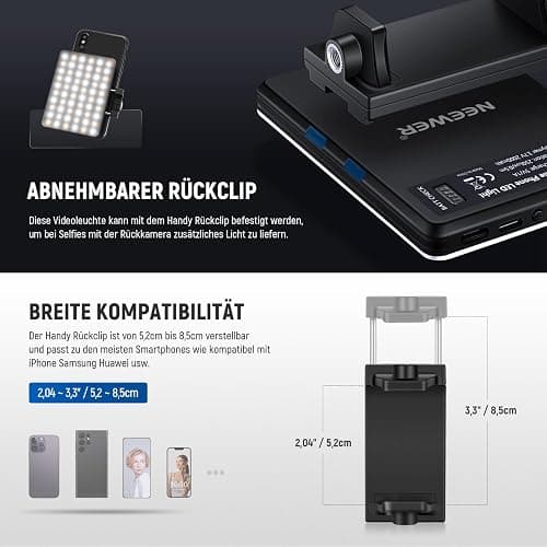 NEEWER Basic Clip On Selfie Licht kompatibel mit iPhone, 2000mAh wiederaufladbares LED Videolicht mit Handy Clamp für Computer Webcam, Laptop, Zoom Videokonferenzen, Make up Fotografie, NL-60AI thumbnail 6