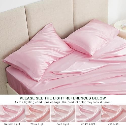 Love's cabin Twin Satin Sheets Sets - 3 Piece Pink Silky Bed Sheets with Deep Pockets, Luxury Silk Feel Satin Twin Size Sheet Set Bedding Set (1 Flat Sheet,1 Fitted Sheet,1 Pillow case) thumbnail 7