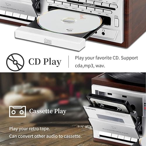 Bluetooth Record Player with 3 Speed Turntable CD Cassette USB SD AM FM Radio Remote Control and Built in Speakers for Home Entertainment and Vintage Vinyl Enjoyment - Silver-Brown thumbnail 4