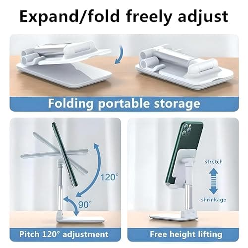 Betron Adjustable Phone Stand for Desk, Foldable Holder for iPhone, Samsung, All Smartphones (White) thumbnail 6