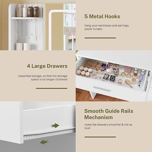 FIONESO Vanity Desk with Mirror and Lights, Makeup Vanity with Power Outlet and 4 Drawers & 6 Shelves & 5 Hooks, 3 Color Modes & Adjustable Brightness, White Vanity for Bedroom thumbnail 8
