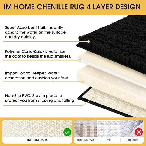 ACCUMTEK Upgrade Extra Large Black Bathroom Rug Set 3 Pieces Ultra Soft, Thick Absorbent Bath Mats, Non Slip Chenille Toilet Mat for Bathroom, Bedroom, Kitchen - 48"x20"+ 24"x17"+ U Shape 20"x24" - Black thumbnail 5