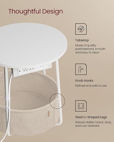 VASAGLE LILEA Collection - Side Table with Charging Station, Round End Table with Fabric Basket, Nightstand with USB Ports, for Living Room, Bedroom, Modern, Matte White and Camel Brown ULET228W01 thumbnail 6