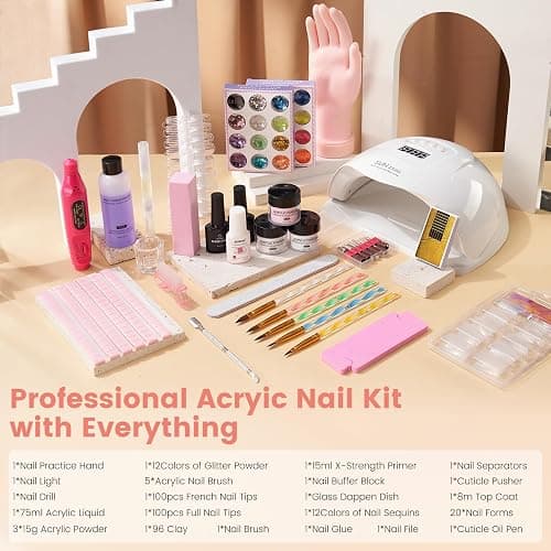 Nail Kit for Beginner with Everything- Practice Hand & 80W Nail Lamp Kit | Professional Acrylic Liquid Set, Nail Drill & U/V Lamp,24Color Glitter, Nail Starter Gifts, for Beginners Home Salon thumbnail 2