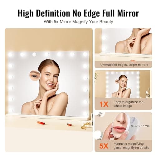 VEVOR Hollywood Vanity Mirror with Lights, Dimmable Bulbs &3 Color Lighting Modes, Makeup Mirror w/Detachable 5X Magnification,USB Port, Smart Touch Control,Desktop Wall-Mount(31.5x23.6in, White) thumbnail 4