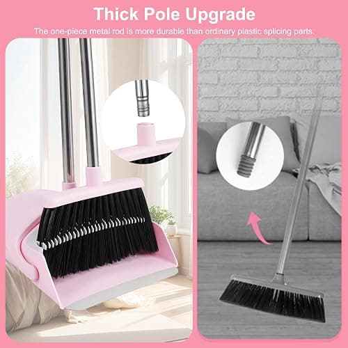 BSKLIN Pink Broom and Dustpan Set, 52” Long Adjustable Handle Broom with Dustpan Combo Set with Dust Pan Teeth to Clean Hair for Home Lobby Office thumbnail 6
