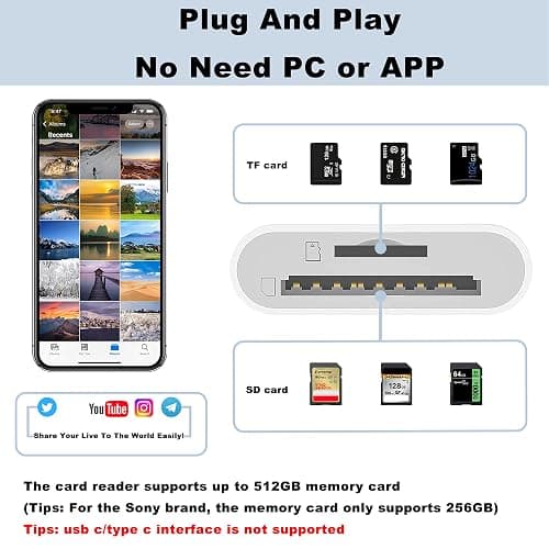 Lightning to Sd Card Reader for iPhone Camera, [Apple MFi Certified] Dual Card Slot Memory Card Readers Supports SD and TF Card, Plug and Play Sd Card Adapter Compatible with iPhone - Lightning SD Card Reader thumbnail 3