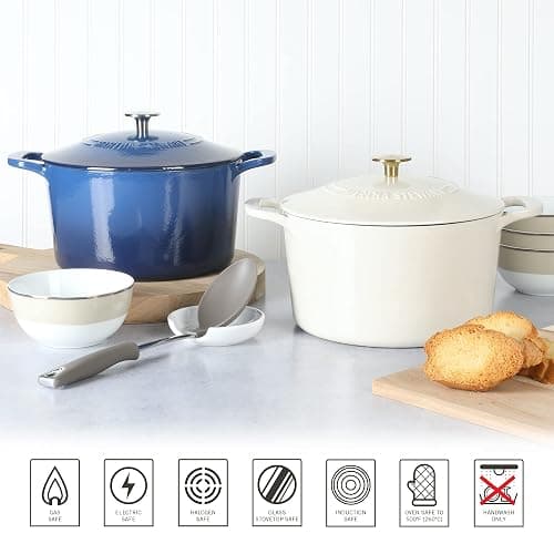 MARTHA STEWART Gatwick 7-Quart Enamel Cast Iron Dutch Oven – Linen White With Gold – Heavy-Duty Dutch Oven for Slow Cooking, Braising & Baking thumbnail 6