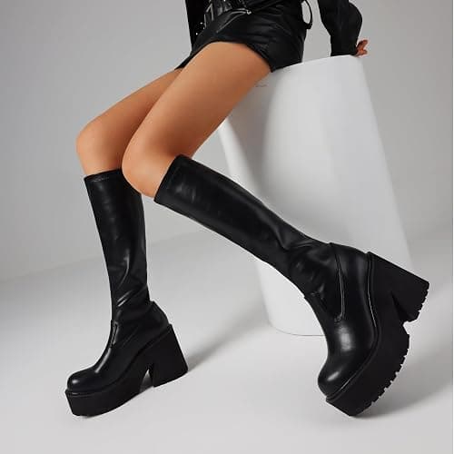 AMINUGAL Womens Elastic Knee High Platform Chunky Block High Heel Sock Boots Zipper Round Toe Fashion Motorcycle Combat Punk Boots For Women thumbnail 3