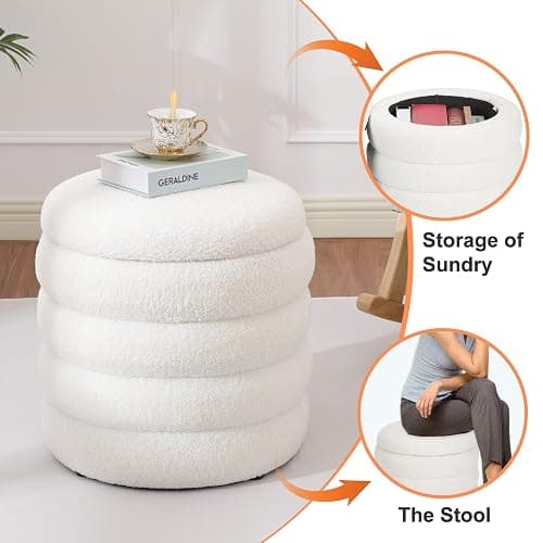 Dolift Teddy Sherpa Round Ottoman with Storage, Modern Upholstered Vanity Stool Foot Rest, Small White Boucle Storage Ottoman for Bedroom, Living Room, Entryway, Dorm thumbnail 3
