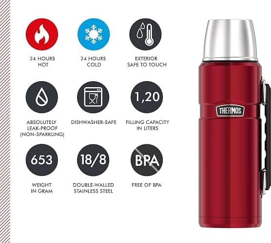 Thermos Stainless King Thermosflasche rot 1,20l - Edelstahl, absolut dicht, mit Trinkbecher und Griff, 12h heiß & 24h kalt, spülmaschinenfest, BPA-frei thumbnail 7
