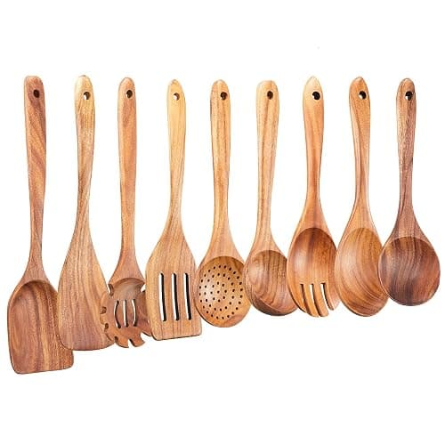 Wooden Kitchen Utensils Set,GUDAMAYE 9 PCE Natural Teak Wooden Spoons For Non-stick Pan for Cooking, - Image 1