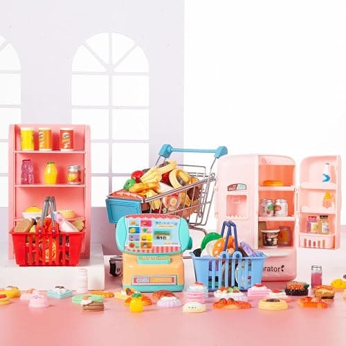 164Pcs Mini Shopping Cart Basket Miniature Food Drink Toy Supermarket Metal Handcart Trolley DollHouse Store Grocery Accessories Kitchen Play Game Party Model Shelves Cash Register Refrigerator Fridge thumbnail 2
