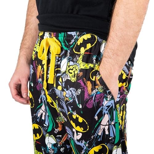 Batman Logos & DC Comics Characters All Over Print Mens Black Sleep Pajama Pants - Image 1