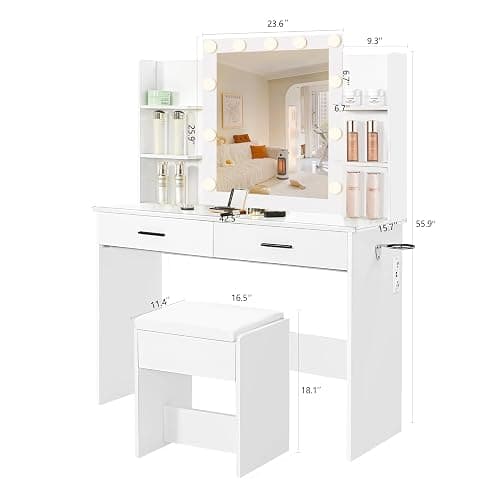 KAMABOKO Vanity Desk with Lighted and Mirror, White Makeup Table with Drawers and Charging Station, 3 Model Adjustable for Bedroom & Dressing Room (010 White) thumbnail 2