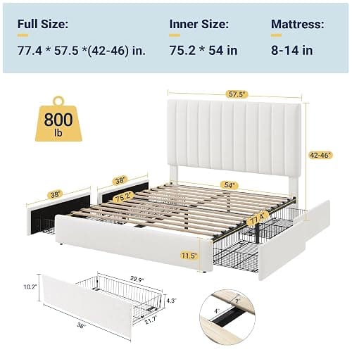 Allewie Full Size Storage Bed Frame, Vertical Channel Tufted Adjustable Headboard, Velvet Upholstered Platform Bed with 4 Oversized Underbed Drawers, Wooden Slats Support, No Box Spring Needed, White thumbnail 2