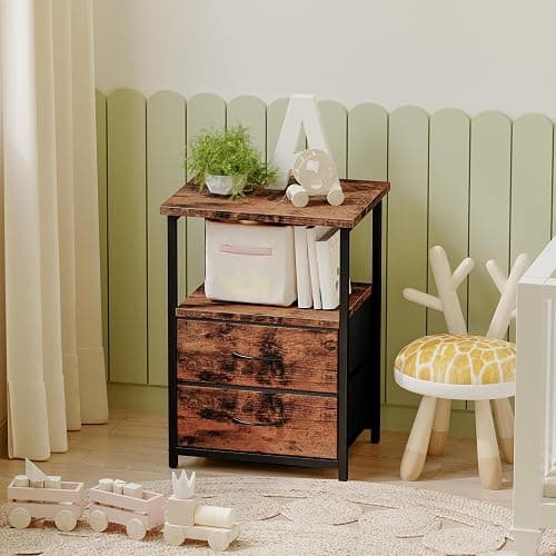 Fixwal Night Stand with Charging Station, 2 Fabric Drawers, Rustic Brown | built-in bedside charger, 2 AC outlets & 2 usb ports, 2 wooden shelves, end table with storage, bedroom, living room thumbnail 7