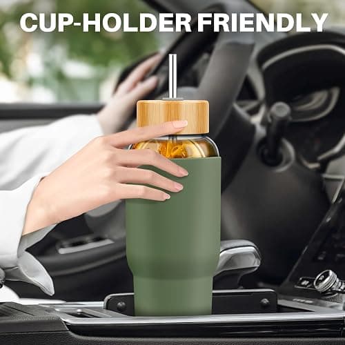 PROBTTL 40 oz Glass Tumbler with Handle - Sports Clear Borosilicate Glass Water Bottle with Straw, Silicone Sleeve, 2 Lids - Handle Spout & Bamboo Straw Lid, Fits Car Cup Holder, Leakproof（Olive thumbnail 5