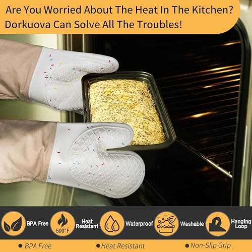 Dorkuova Oven Glove Cute,Cooking Mittens,Oven Mittens for Kitchen,Oven Gloves for Kitchen,Washable Silicone Oven Mitts Heat Resistant 500°F, Potholders for Kitchens Cooking Baking(Cream thumbnail 4