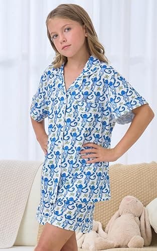 SLPTIMISO Girls Summer Outfit,Kids 2 Piece Button Down Monkey Loungewear Beach Shorts Set Preppy Animals Lounge Pjs thumbnail 3